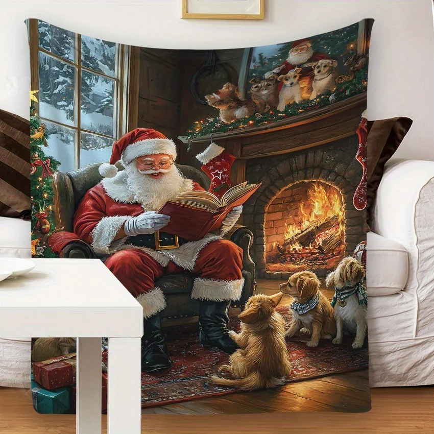 Santa with Animals Flannel Blanket, Fireplace Christmas Night Design, Vintage Story Print Throw, All Season Soft Home Decor