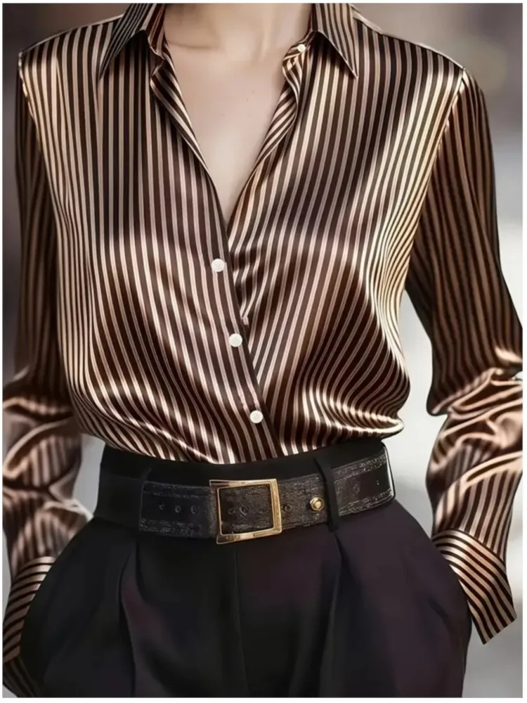 

Новая осенняя элегантная полосатая нишевая рубашка с длинными рукавами в стиле ретро, женская модная повседневная универсальная рубашка с лацканами и пуговицами, топы