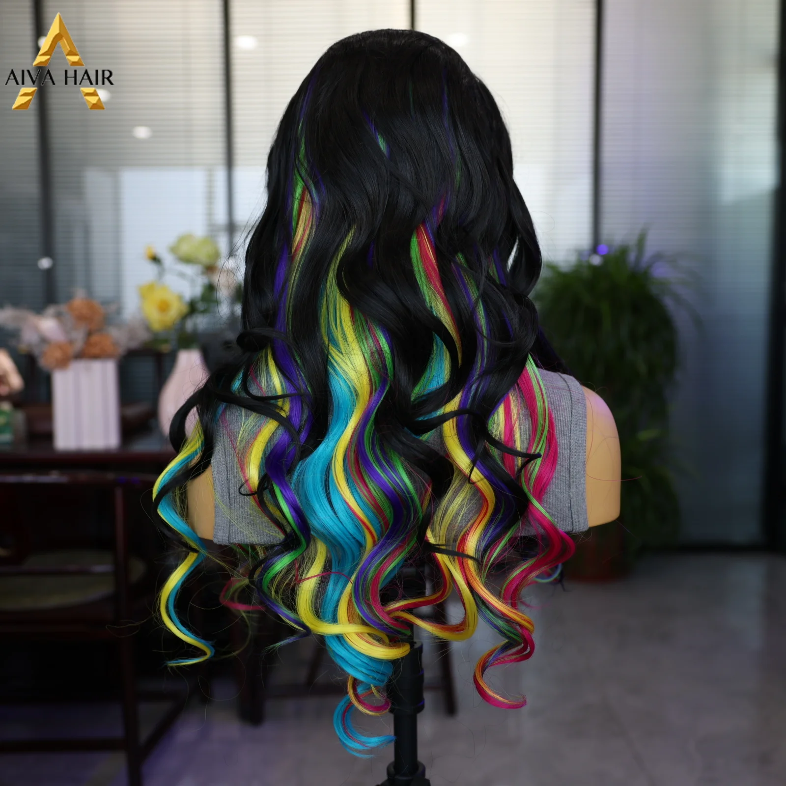 24 Inch Black Synthetic 13 * 4 Front Lace Wig Rainbow Wave Wig Suitable For Cosplay Women Wig Natural Hair Line Glueless Wigs