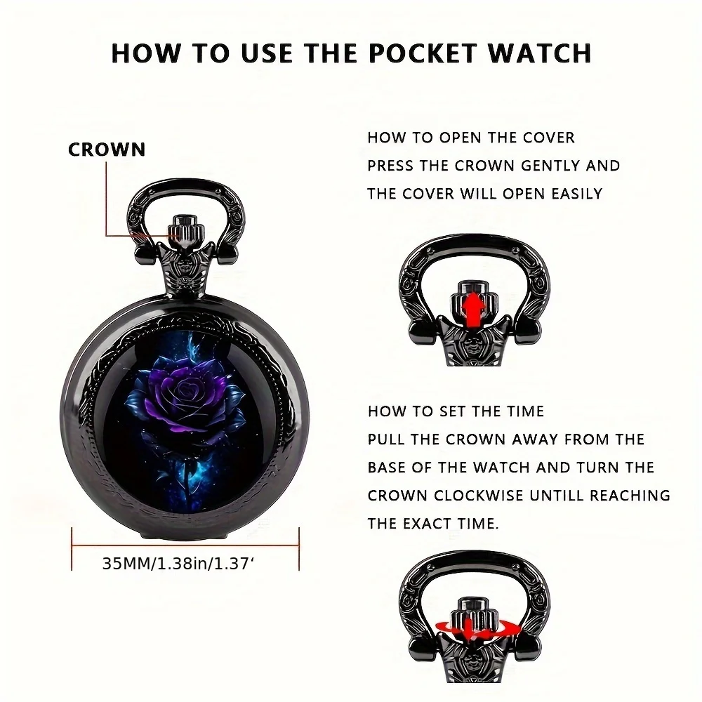 Retro Purple Rose Quartz Pocket Watch, Black Necklace Pocket Watch For Men And Women