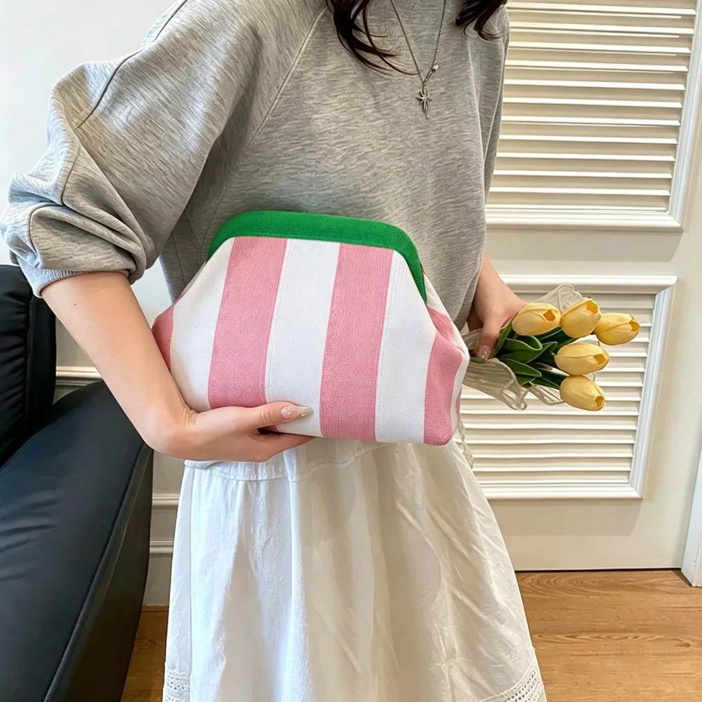 Neue gestreifte, frisch gefärbte gewebte Tasche für Damen, Fly-Knit Cloud Clasp, vielseitige, elegante Reise-Aufbewahrungstasche, Make-up-Tasche mit großer Kapazität, Handtasche. – Detail 3