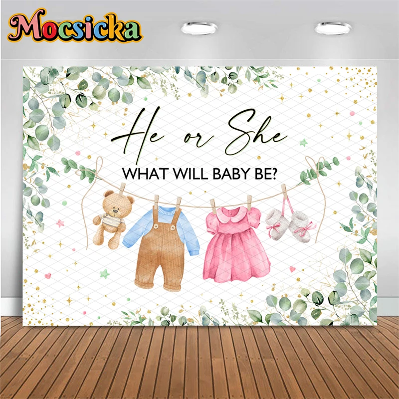 Mocsicka He Or She What Will Baby Be Backdrop Eucalyptus Greenery Teddy Bear Kid Boy Girl Gender Reveal Party Photography Banner