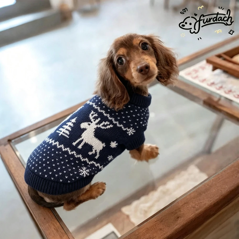 Gebreide kerstjas voor teckels, loungekleding voor teckels, klassieke Britse wintertrui voor teckels.