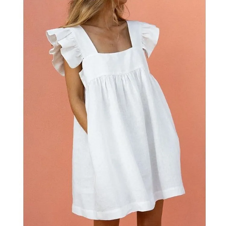 Summer Dresses Floral Printed Colorblock Square Neck Ruffle Sleeve Solid Swing Dress