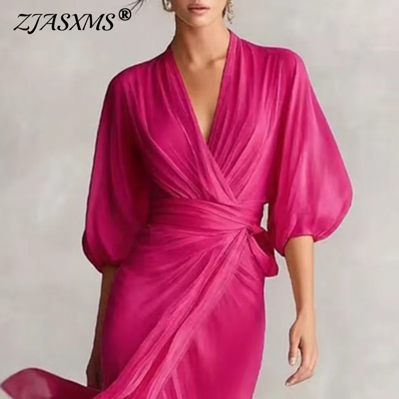 Sommerurlaub Strand Maxikleid Damen Sexy Tiefer V-Ausschnitt Fließendes Partykleid Frühling Puffärmel Hohe Taille Plissiertes Boho-Kleid