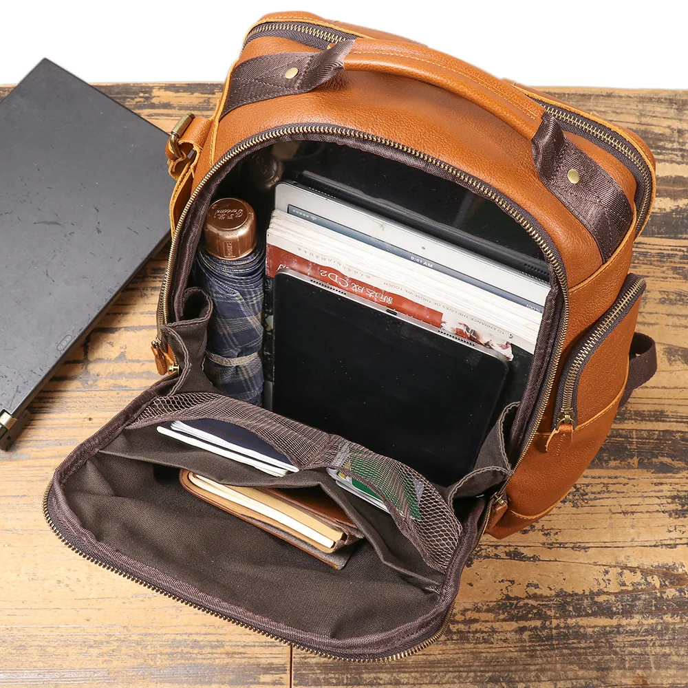حقيبة ظهر رجالية من الجلد الطبيعي ذات سعة كبيرة حقيبة كمبيوتر محمول متعددة الوظائف للسفر حقيبة ظهر كاجوال