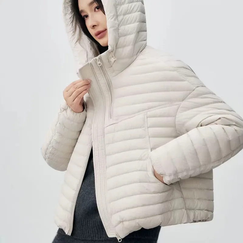 Winter White Duck Down Pork Rib Double Zipper Outwears Women Waterproof Hooded Short Down Jacket Female Warm Cold Proof Jacket