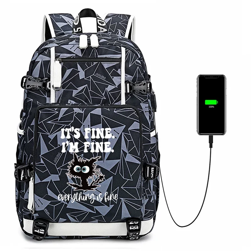 Cute Cat Backpack with USB Charging Port Everything Is Fine Cosplay Bookbag for Boys Girls School Mochila