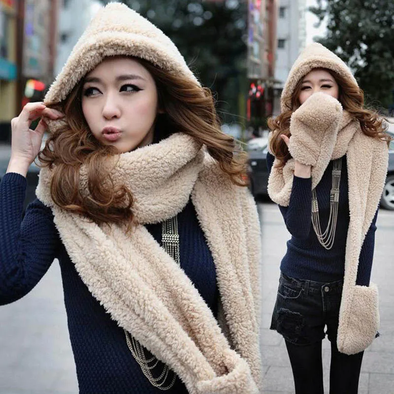 3 in 1 Women Autumn Winter Warm Plush Hood Scarf Snood Thicken New Fashion Comfortable Cute Hats Gloves