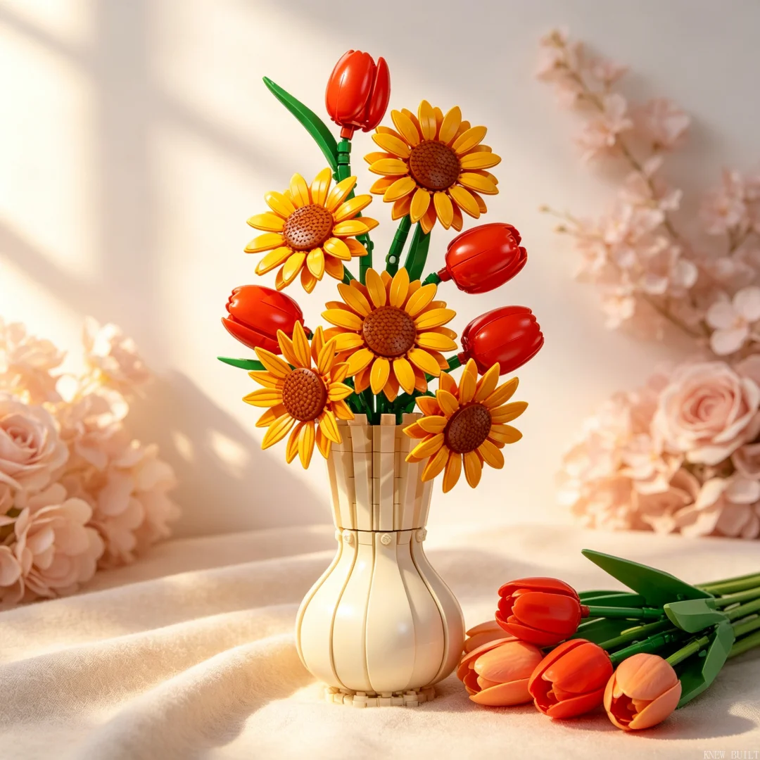 KNEW BUILT Forever Flower 739PCS Tulip Sunflower Building Block Toy–DIY Valentine‘s Day Gift,Romantic Desk Decor Accent for Girl