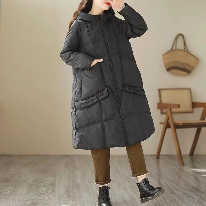 Women Loose Long Coat White Duck Down Jacket Women Winter Female Overcoat Winter with Hood Ruffles Big Pockets