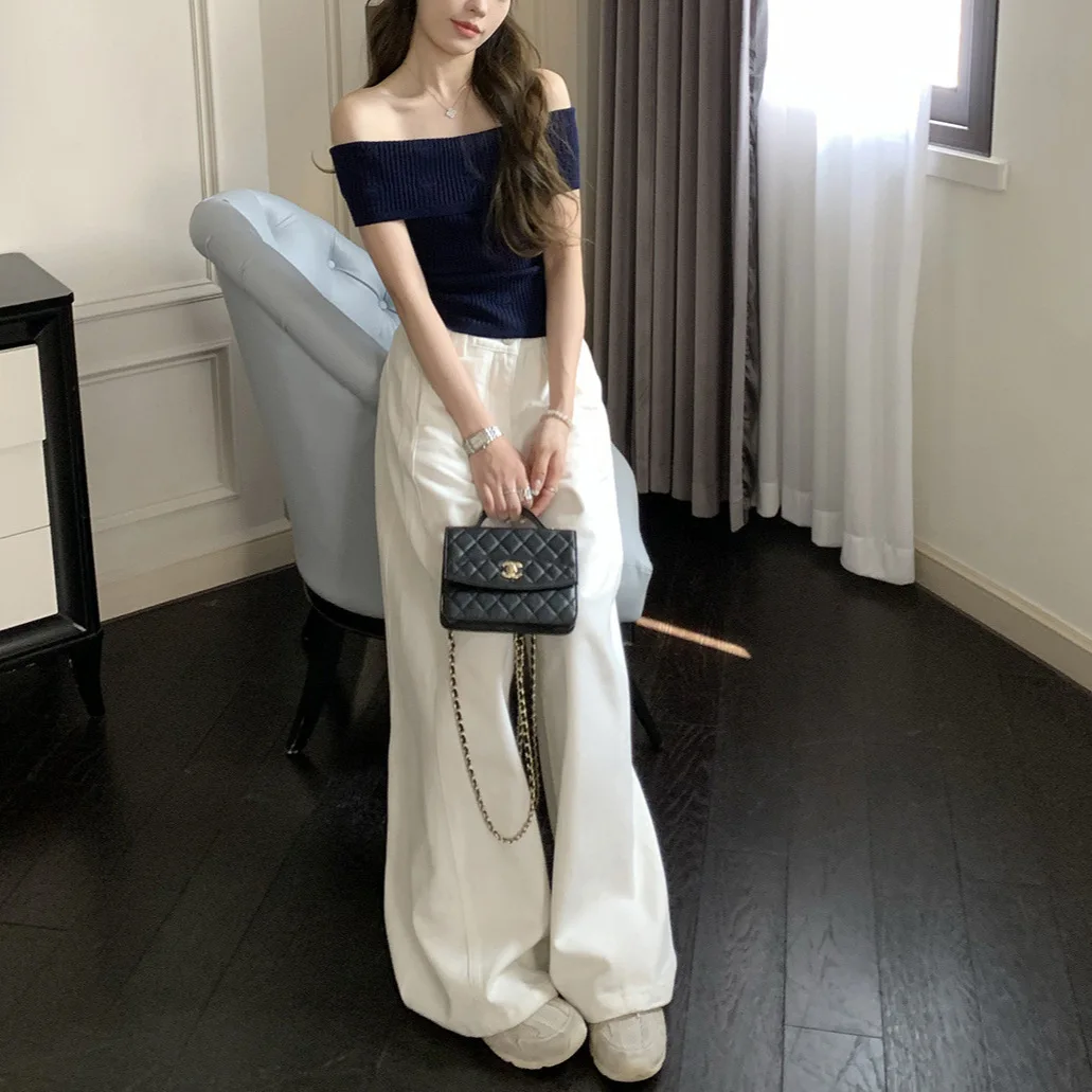 8063 오프숄더 화이트 탑 여름 프래그런트 스타일 원숄더 리브드 스트레치 자카드 디자인 슬리밍 베스트 티셔츠