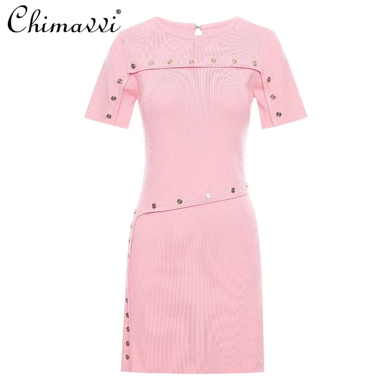 

New Round Neck Short-sleeved Flower Buckle Temperament Elegant Pink Knitted Dress For Women