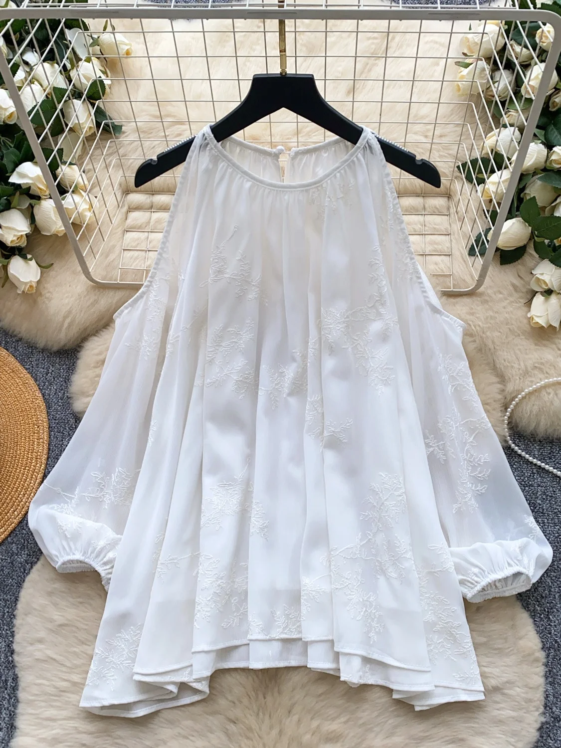 

Ele Long Sve Embroidered Neline Open oulder irt Women's Loose Slimming Top Korean Sle Commute Faion