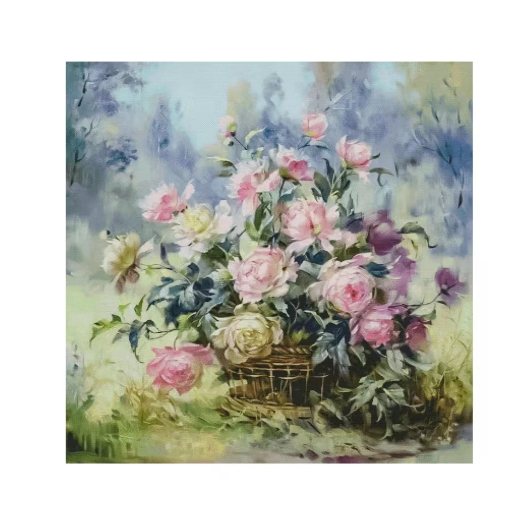 Pink Rose Basket Flower 18CT 16CT 14CT Unprinted Top Quality Cross Stitch Kits Embroidery Art DIY Handmade Needlework Home Decor