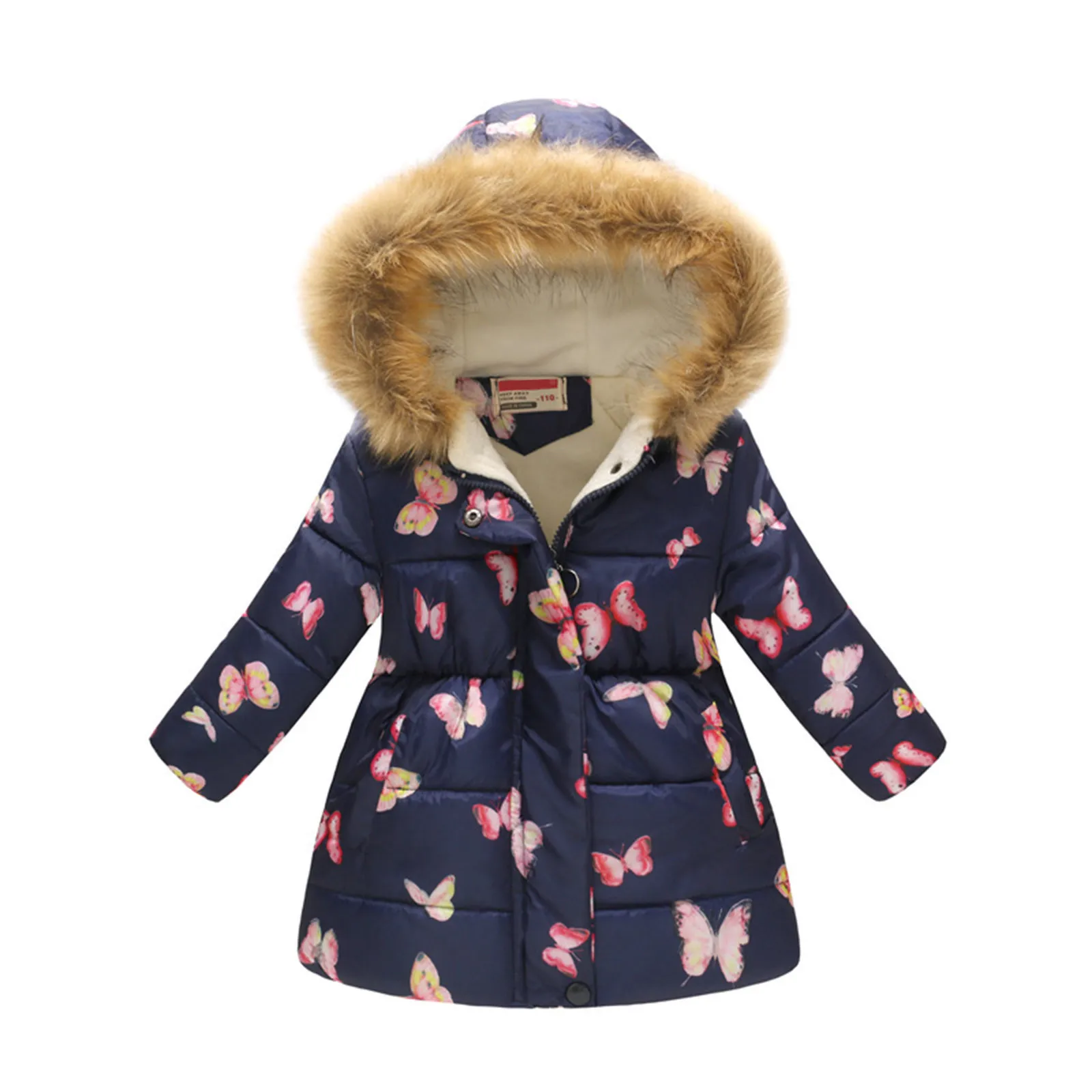 New Kids Hooded Jacket Girls Winter Warm Coat Artificial Fur Children\'s Clothes Cute Cartoon Fox Print Thicken Autumn Outerwear