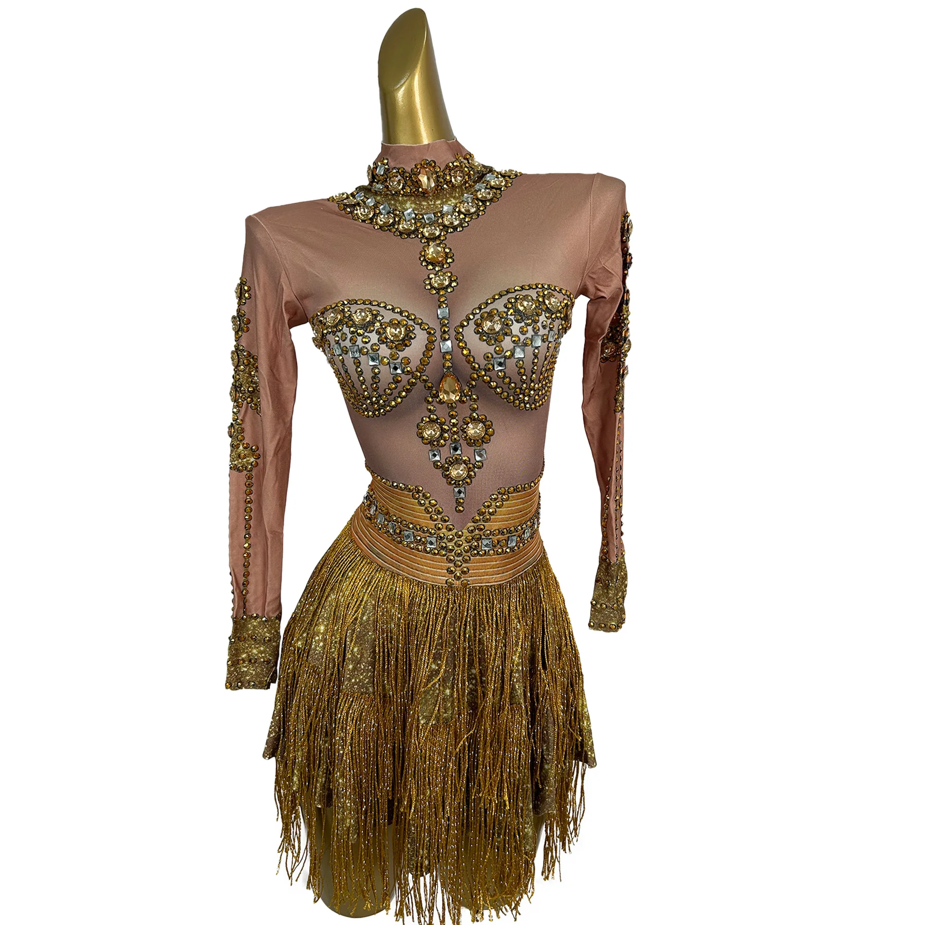 

Women Latin Dance Tassel Wear Sexy Spandex Elastic Long Sleeves Mini Dress Bodysuit Club Stage Performance Rhinestone Costume