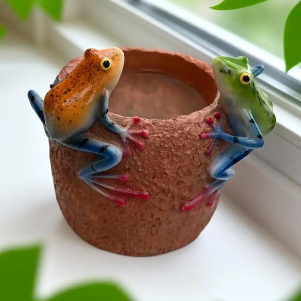 Frog Flower Pot Hand-painted Garden Pot Resin Plant Pot with Frogs on Rim Decorative Flower Planter with Drainage Hole for Home