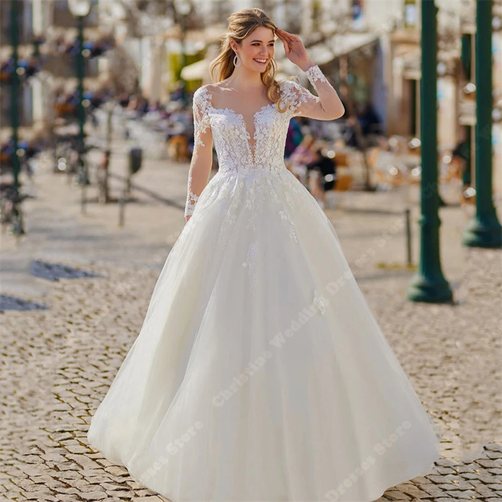 Vestidos De Novia elegantes para mujer, Vestidos De Novia con apliques De encaje, manga larga, línea A, cuello De corazón Formal, fiesta, nuevo