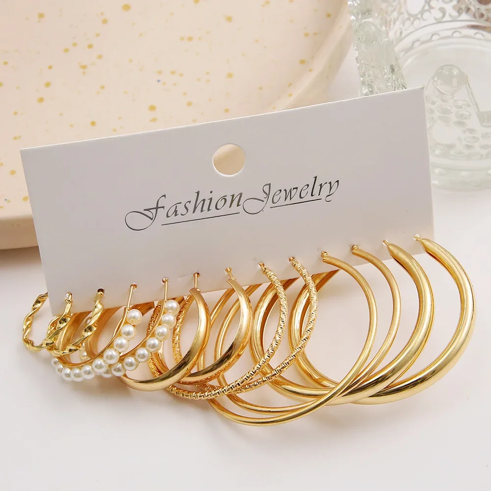 Boho Big Circle Hoop Earring Set for Women, Gold Color Bohemia Vintage Pearl Earring Heart Zircon Ear Studs Jewelry Gifts