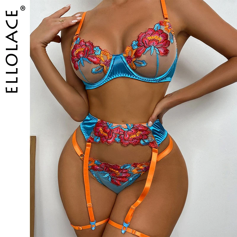 

Ellolace Floral Erotic Lingerie Set Woman 3 Pieces Transparent Lace Blue Sexy Underwear Fancy Beautiful Thongs Breves Sets