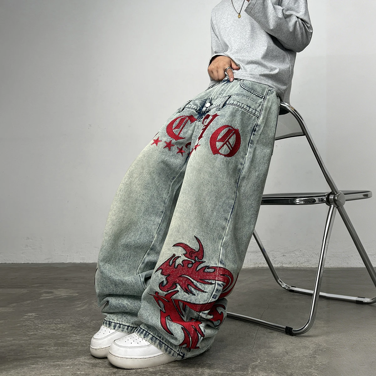 American Vintage Double-Waist Embroidery Design Blue Men's Loose Wide-Leg Jeans Y2K Street Hip-Hop Trendy Versatile Pants