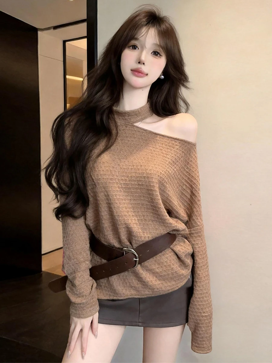 Sexy Shoulder Bared Knitted T Shirt Loose Fit Overhead Belt Ready to Wear Long Sleeve Daily Pure Color American Retro Style f...