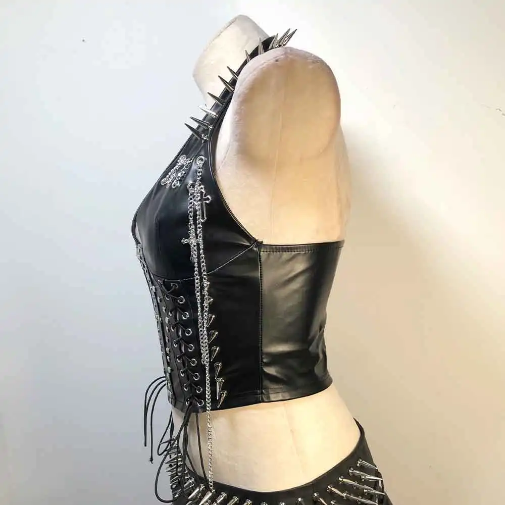 Goth Tops Emo Clothing Spike Studded Y2K T-shirt Grunge Gothic Tank Rave Punk Rock Clothes Festival PU leather Black