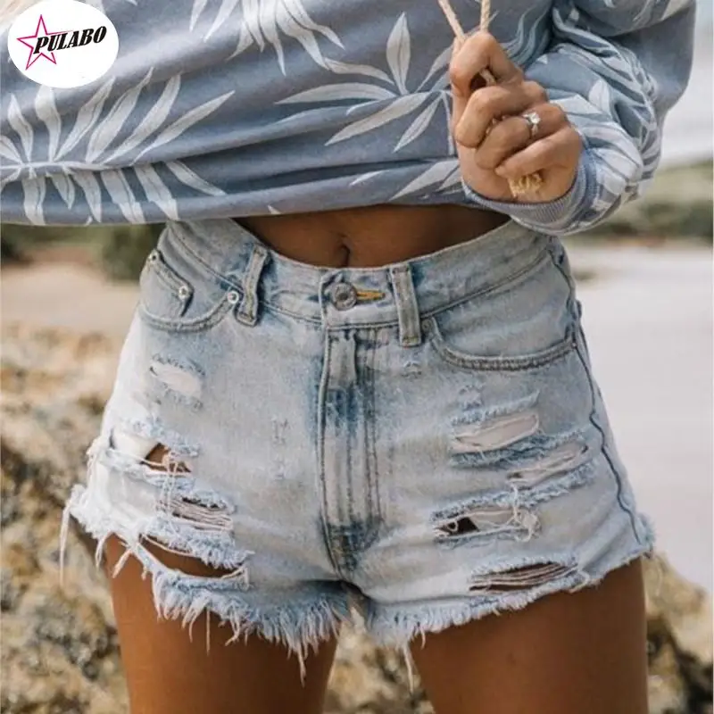 PULABO Casual Women Denim Shorts Crimping Slim Summer Jeans Shorts Feminino Ladies Bottom High Waist Ripped Fringed Denim Shorts