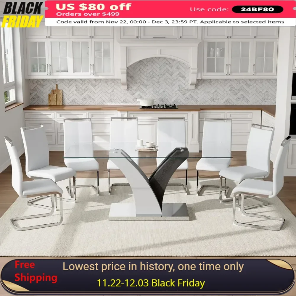 5-piece Glass Dining Table Set, Tables with Upholstered 8 PU Leather Dining Chairs,Kitchen Table Set, Modern Dining Table Set