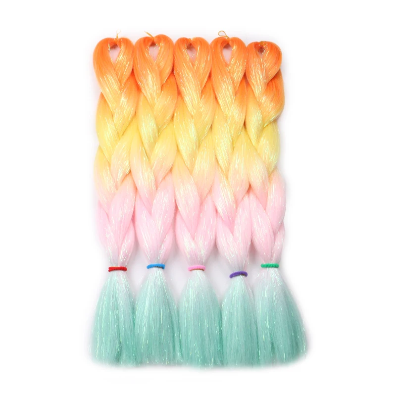 Cabelo trançado sintético com ouropel, tranças jumbo, extensão do cabelo, rosa, azul, roxo, brilho, 24 ", 100g, 5 peças