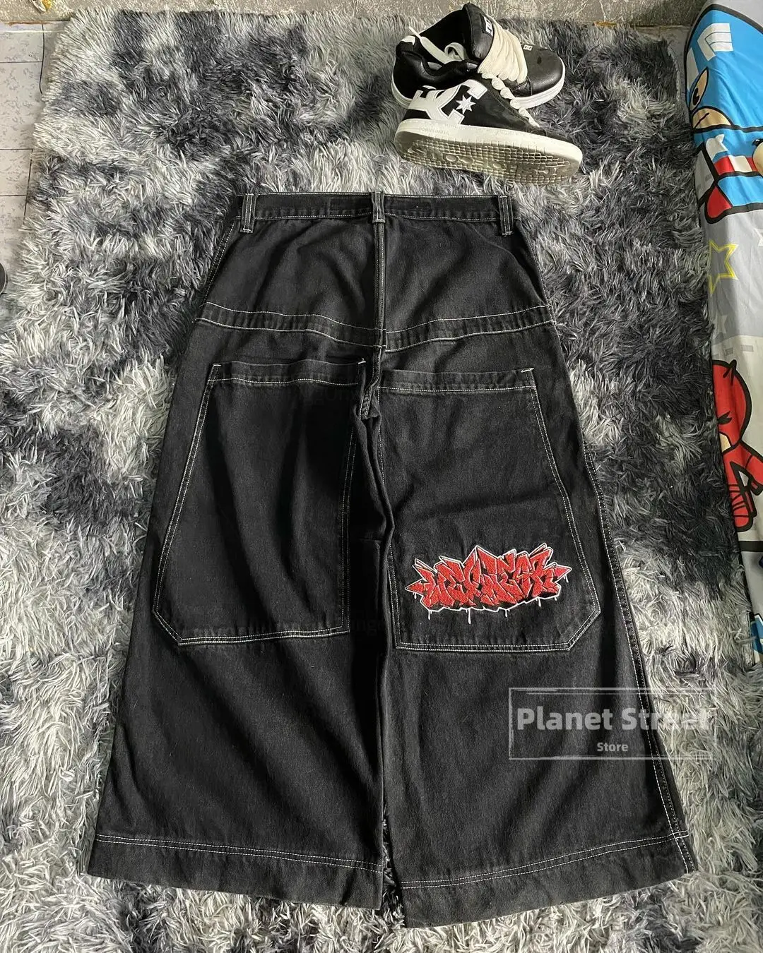 Vintage Wexwear bestickte Grafik Baggy Jeans Streetwear Y2k Jeans Männer Frauen Goth hohe Taille breite Hose Harajuku schwarze Hose