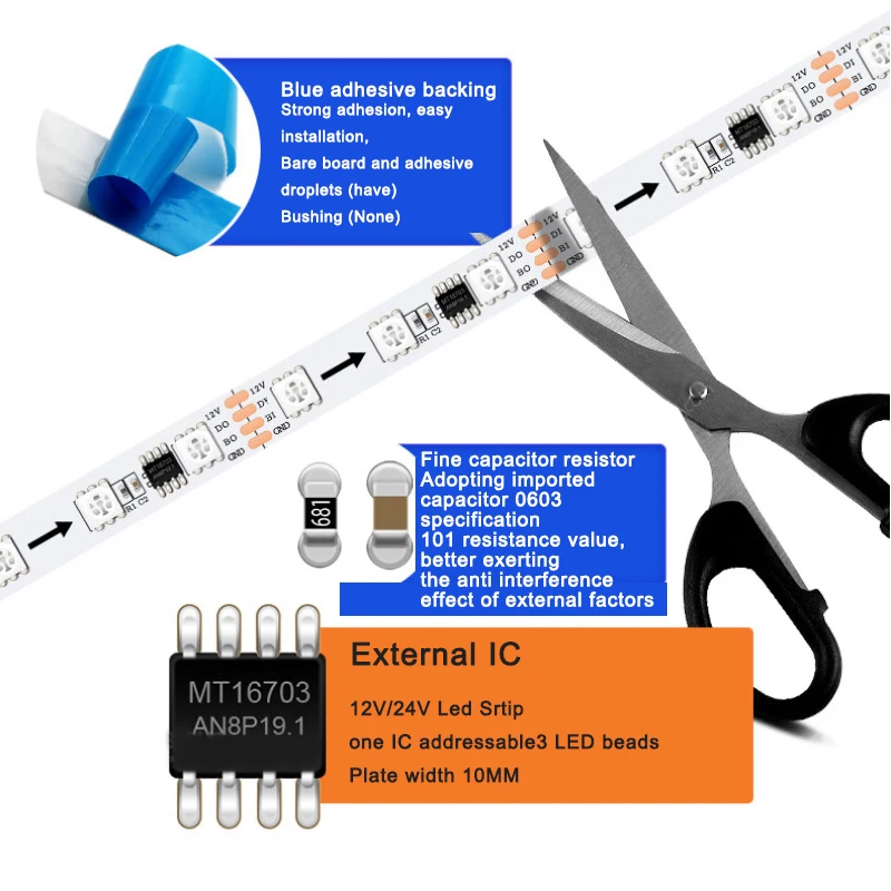 MT16703 LED Strip Light Break-Point Continuous Transmission RGB Individually Addressable LED Lights Dual Signal 4 Pin DC12V 24V