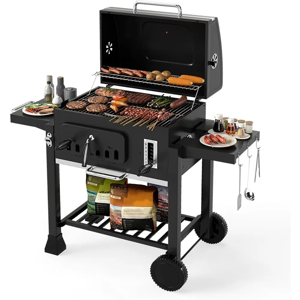 

Adjustable Charcoal BBQ Grill with Thermometer, Foldable Side Tables, and Pull-out Ash Tray for Outdoor Patio Use