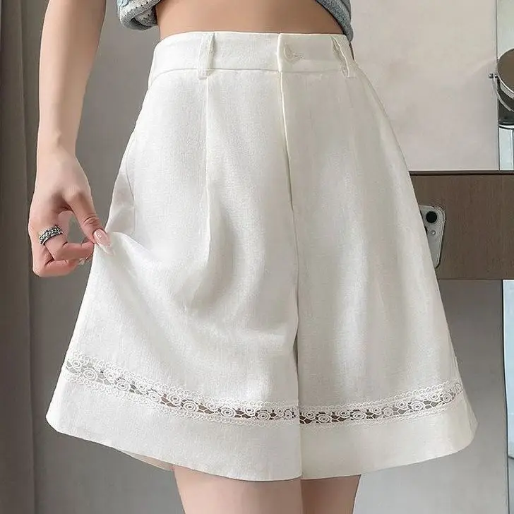 2026 Summer Women A-Line Shorts New Woman Wide-leg Casual Shorts Female Hollow-out Lace Blazer Shorts Korean Style Loose Shorts