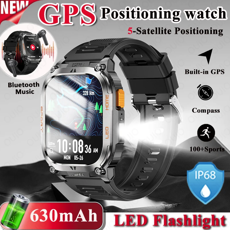 

GPS 630 мАч Смарт-часы светодиодный фонарик Bluetooth музыкальный компас сердечного ритма IP68 водонепроницаемые 100 + спортивный режим умные часы для мужчин и женщин