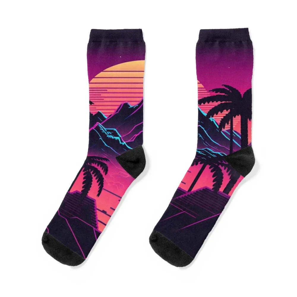 

Sunset and Palmtrees In The Sunset - Synthwave Style Socks with print cool Climbing winter gifts Socks Women Men's