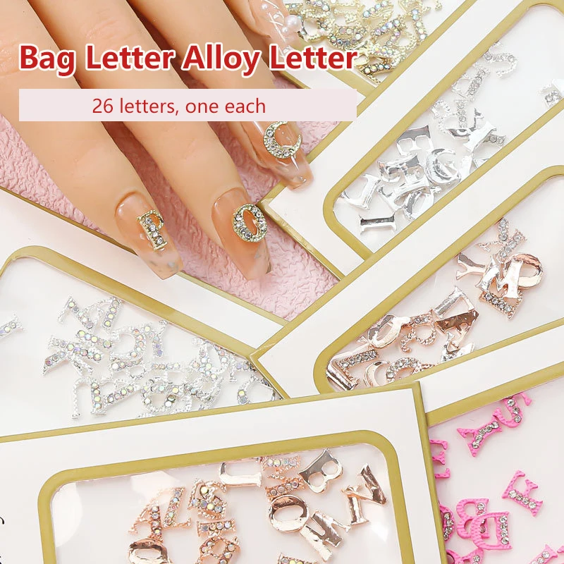 26Pcs Full Glitter Crystal English Letter Nail Charms Alloy Metal Nail Art Decoration Alphabet 3D A-Z Manicure Jewelry