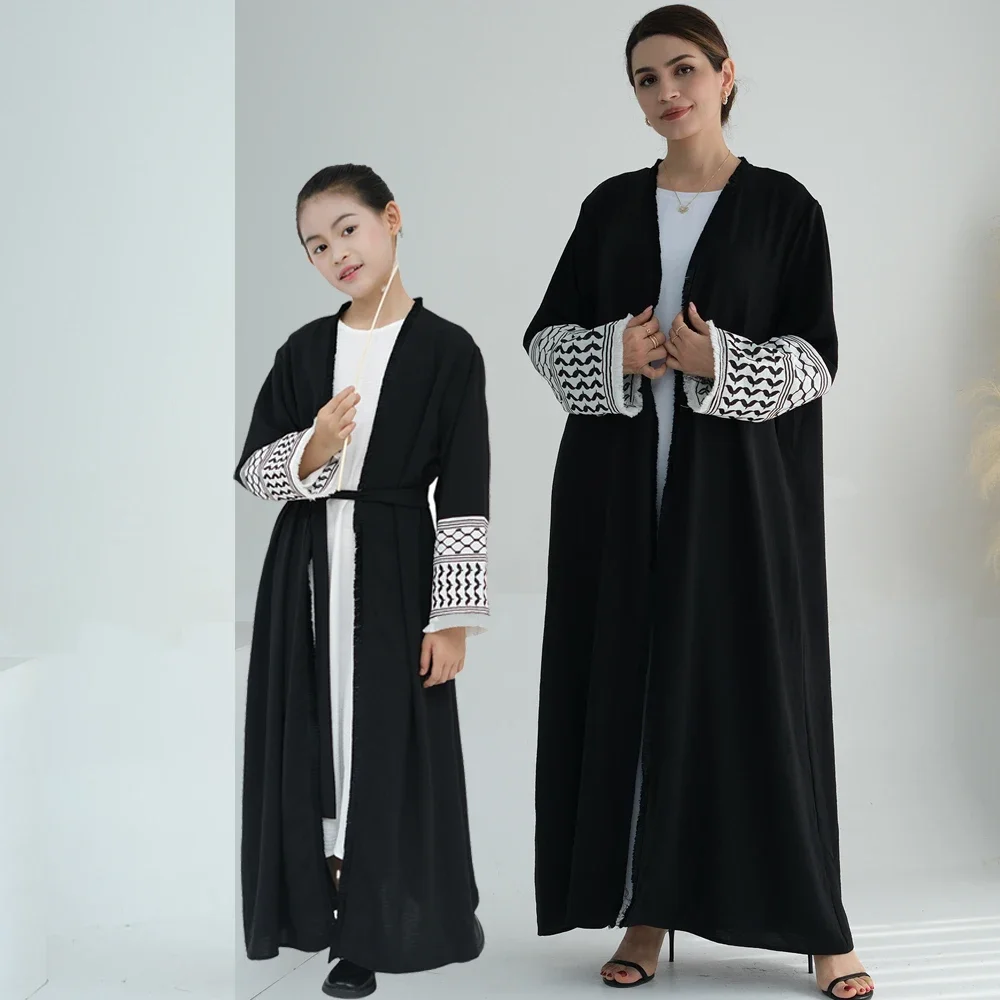 Ricamo Abaya aperto per le donne bambini ragazze nappa Kimono Cardigan abito musulmano Dubai turchia caftano abito arabo saudita Jalabiya