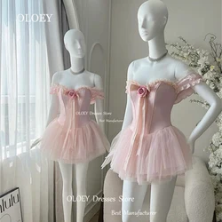 OLOEY Elegant Sweetheart Short Cocktail Dresses 3d Flowers Ruffles Pleats Tulle Wedding Party Dresses Pink White Black Gown