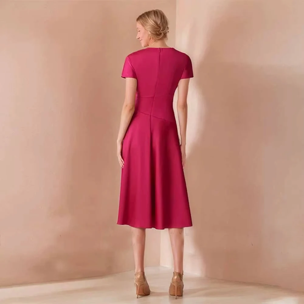 Customized Classy Wedding Guest Dresses Satin Aline Cocktail Party Dress Fuchsia ONeck Pleat Ruched Zipper Wedding Party Dresses