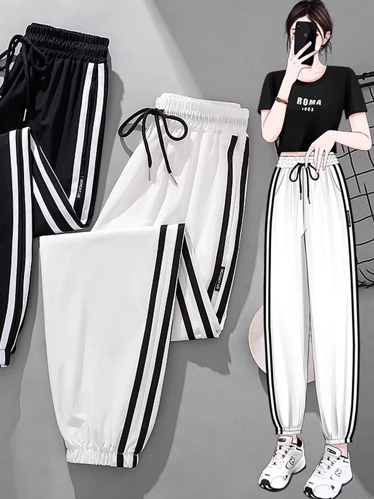 

Легкие спортивные брюки из ледяного шелка свободного кроя, прямые, женские, летние, тонкие, быстросохнущие, с высокой талией, укороченные, повседневные