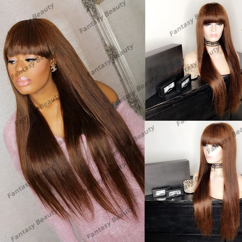 

Golden Reddish Brown Silky Straight Fringe 360 Lace Frontal Human Hair Wigs for Black Women Glueless 200Density Lace Front Wigs