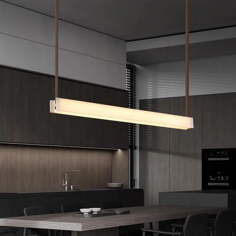 

Spanish Natural Marble Pendant Lamp Living Room Restaurant Designer Creative Pure Copper Leather Long Chandelier Over The Table