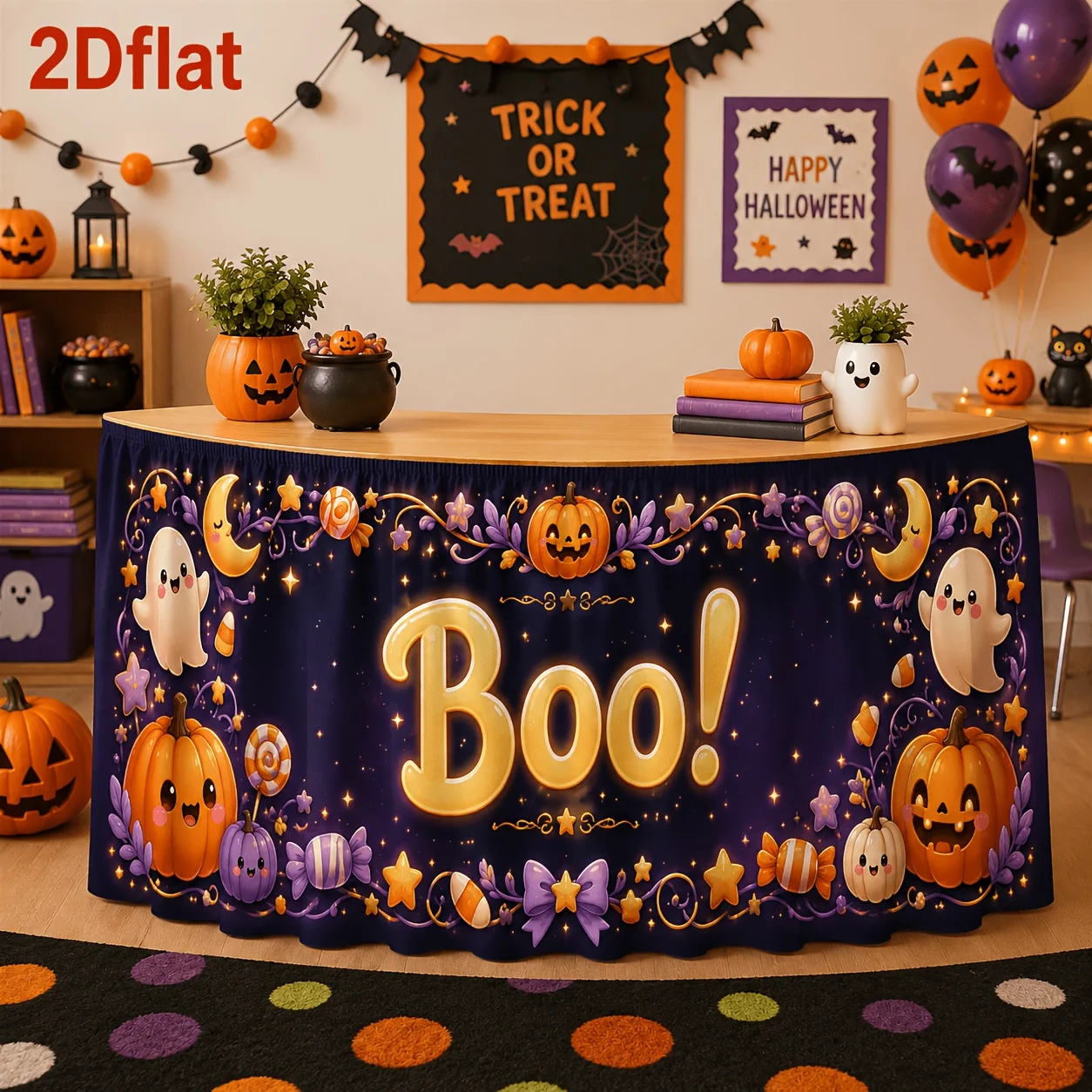 One table skirt: Boo! Cute pumpkin, moon, candy, stars, bow tie. Dark purple background.