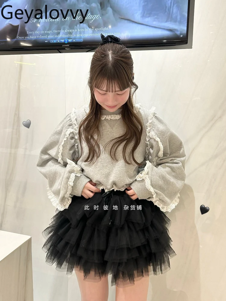 

Autumn New Lace Trim Cute Lines Cotton Terry Sweatshirt Sweet Cute Girls Versatile Round Neck Gray Short Pullover Tops