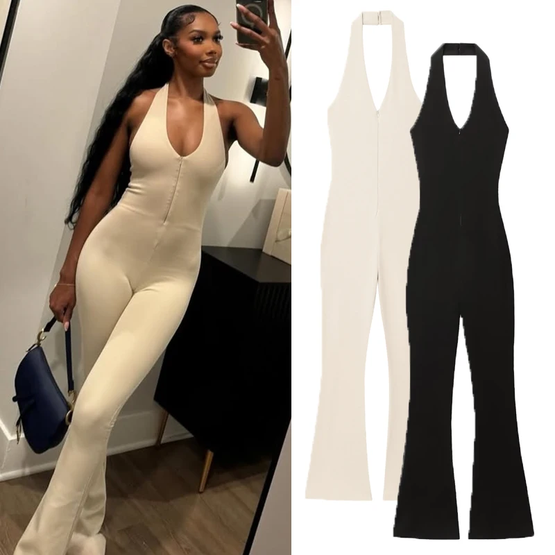 

Women's Halter Neck Jumpsuit Beige Backless Bodycon Jumpsuit Elegant Female V-Neck Slim Fit Flared Pants 2026 New Women Fashion