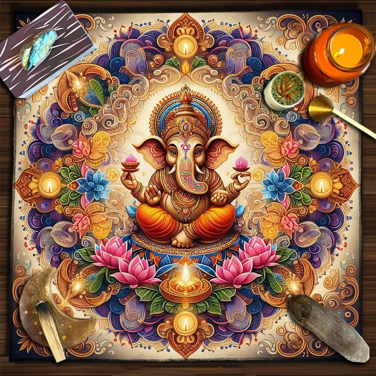 Elephant-headed God Ganesha Altar Cloth Tarot Card Tablecloth For Yoga Meditation Lotus Mandala Chakra Tarot Cloth Altar Decor