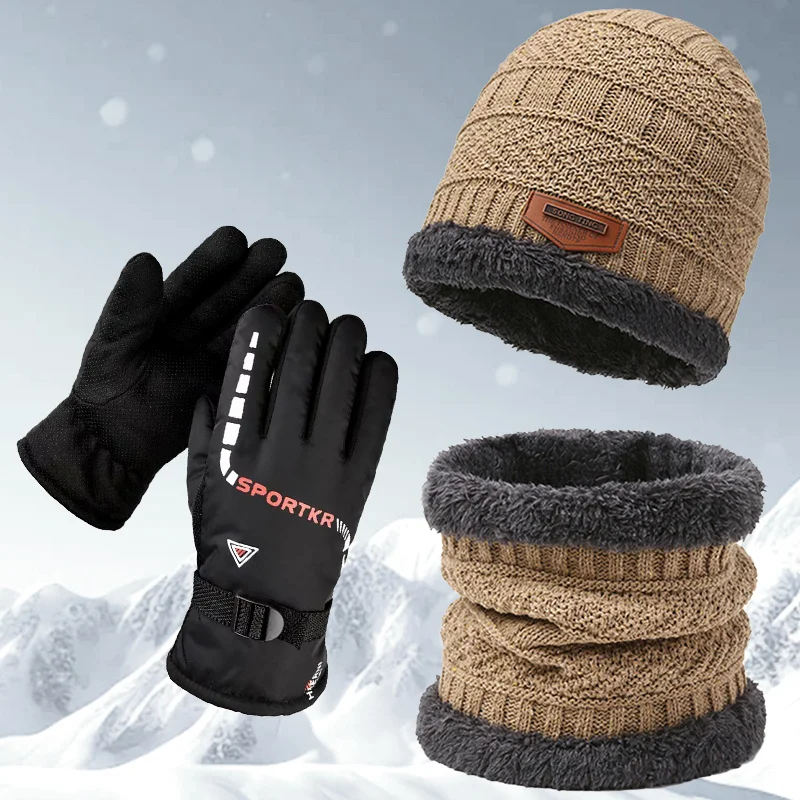 Three Piece Hat Set Men's Winter Hat Scarf Glove Set Home Casual Warm Teddy Bear Plush Winter Hat