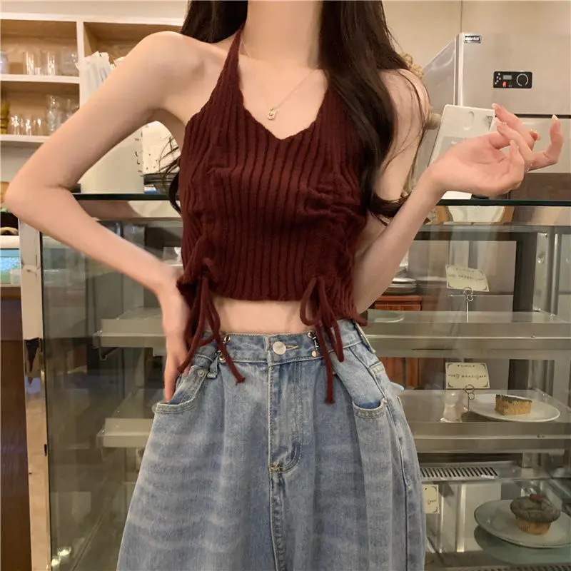 New Korean Hollow Out Long Sleeved Knitwear Hanging Neck Strap Tank Top Women Contrast Waist Drawstring Round Neck Two Piece Set